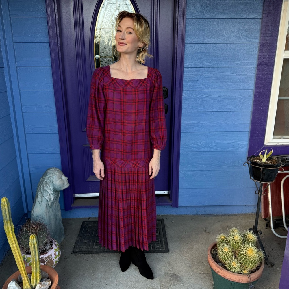 90s Vintage Drop Waist Plaid Long Sleeve Midi Dress Red + Purple by Eileen West
